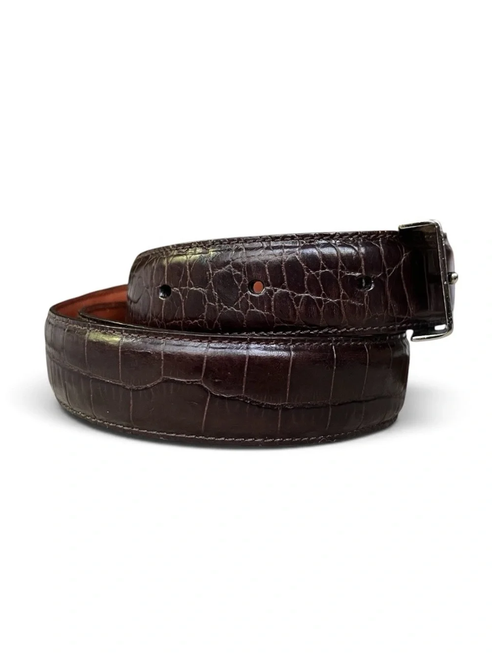 Vintage Ralph Lauren Crocodile Embossed Brown Leather Belt w/Silver Tone Buckle,